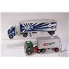 Image 1 : Two vintage semi trucks including Japanese tin White Freightliner with Canadian Freightways trailer,