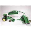 Image 1 : Three Ertl 1:18 scale die cast John Deere toys including 2755 tractor with front end loader, seeder 