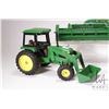 Image 2 : Three Ertl 1:18 scale die cast John Deere toys including 2755 tractor with front end loader, seeder 