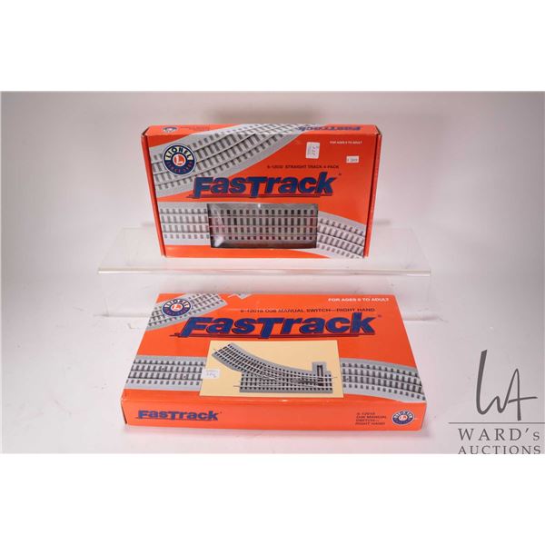Two boxes of Lionel O gauge Fastrack including 6-12028 O36 Manual Switch right hand and 6-12032 Stra