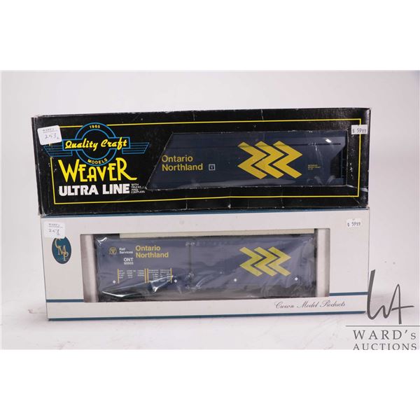 Weaver Ultra Line Ontario Northland grain car and a Crown Model Products Ontario Northland box car