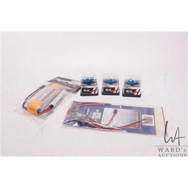 Selection of RC accessories including three Hitec GS-55 Feather Servos, Thunderbird 36 speed control