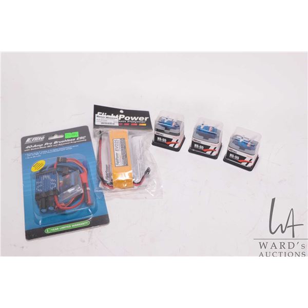 Selection of RC accessories including three Hitec GS-55 Feather Servos, Thunderbird 36 speed control