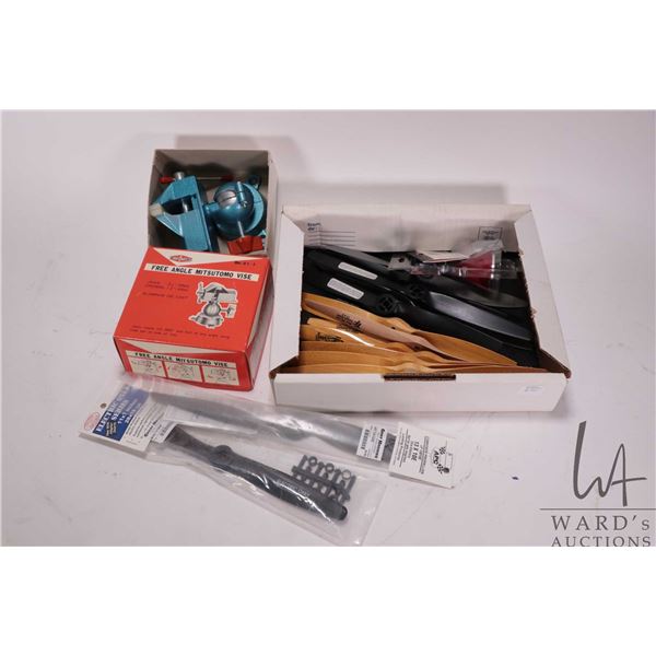 Selections of RC tools and props including Mitsutomo free angle vise, nylon spinner nose cone, alumi