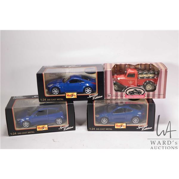 Four 1:24 scale die cast cars including Maisto Nissan 350Z, Ford SVT Focus, a 2002 Acura RSX and a C