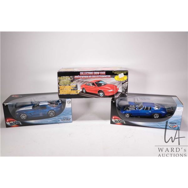 Two Hot Wheels die cast model cars including Dodge Viper GTSR, Corvette Dragster plus a die cast car