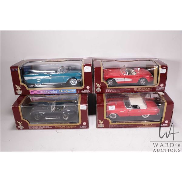 Four Road Legends die cast model cars including a 1955 Ford Thunderbird, 1964 Shelby Cobra 427S/C, 1