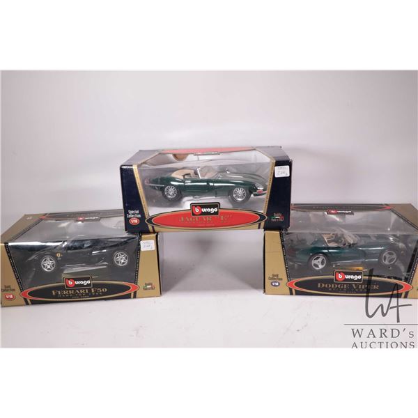 Three Burago die cast model cars including Jaguar E Cabriole 1961, 1993 Dodge Viper RT/10, 1995 Ferr