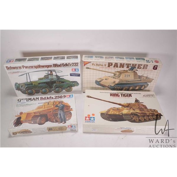 Four 1:35 scale Tamiya WWII vehicle model kits, all new in box