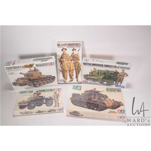 Five 1:35 scale Tamiya WWII vehicle model kits, all new in box