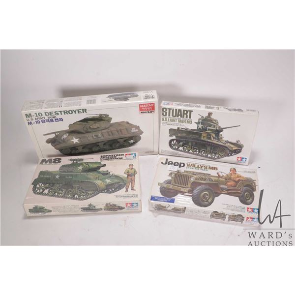 Four 1:35 scale Tamiya WWII vehicle model kits, all new in box