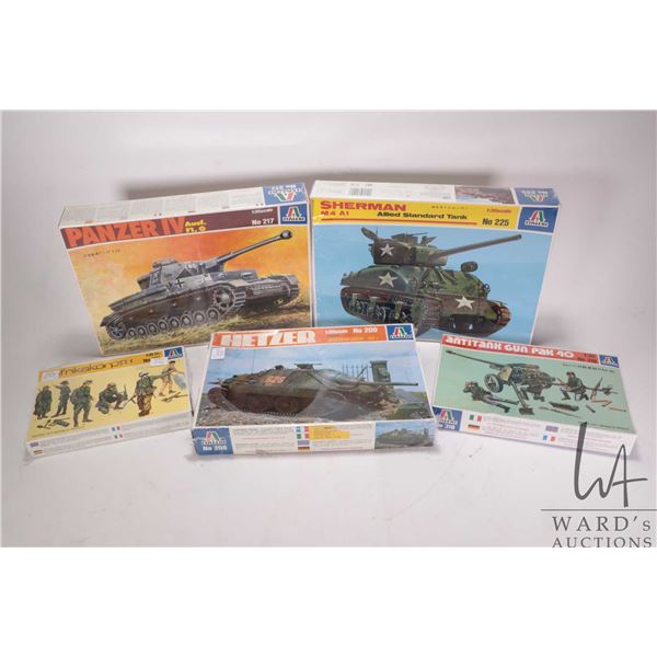 Five 1:35 scale Italira WWII vehicle model kits, all new in box