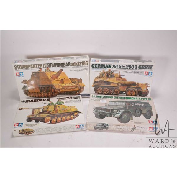 Four 1:35 scale Tamiya WWII vehicle model kits, all new in box