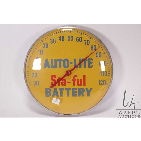 Vintage "Auto-Lite Batteries" 12" round wall mount thermometer