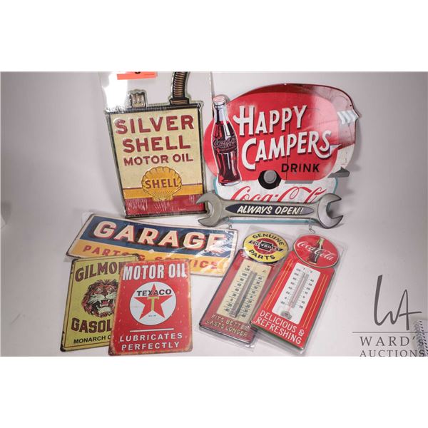 8 assorted reproduction metal wall signs and thermometers, various sizes and themes