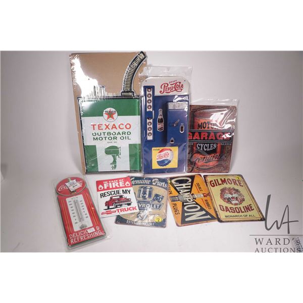 8 assorted reproduction metal wall signs and thermometers, various sizes and themes