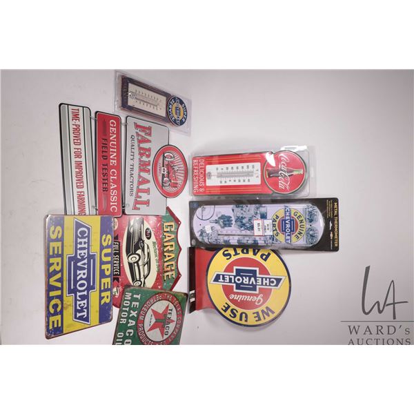 8 assorted reproduction metal wall signs and thermometers, various sizes and themes