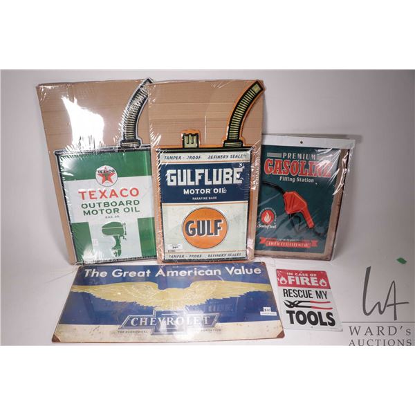 8 assorted reproduction metal wall signs and thermometers, various sizes and themes