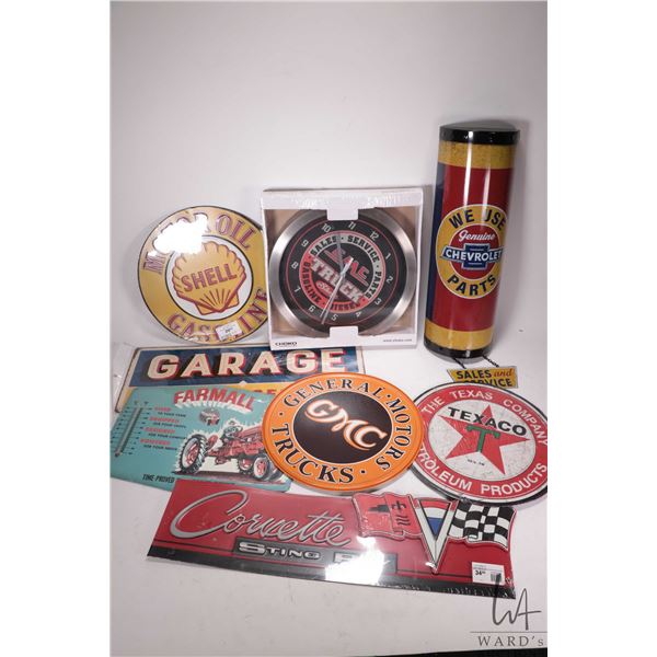 7 assorted reproduction metal wall signs and thermometers, and a reproduction wall clock, various si