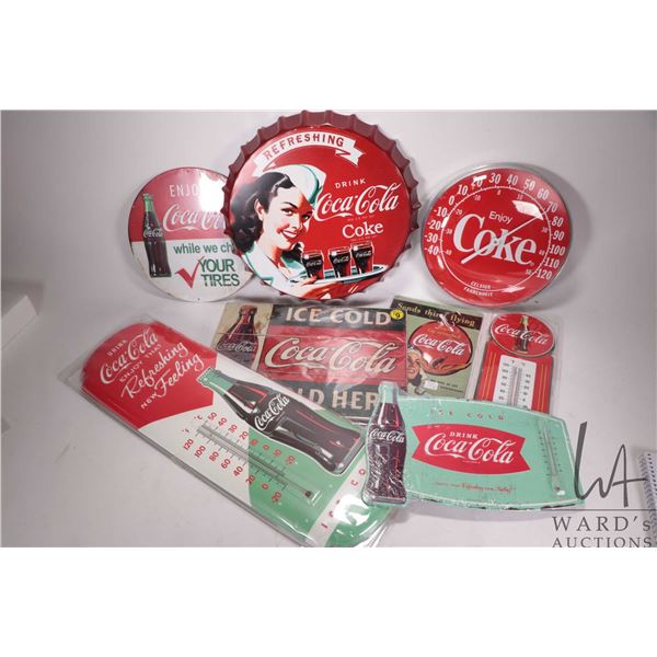 8 assorted reproduction metal wall signs and thermometers, various sizes and themes