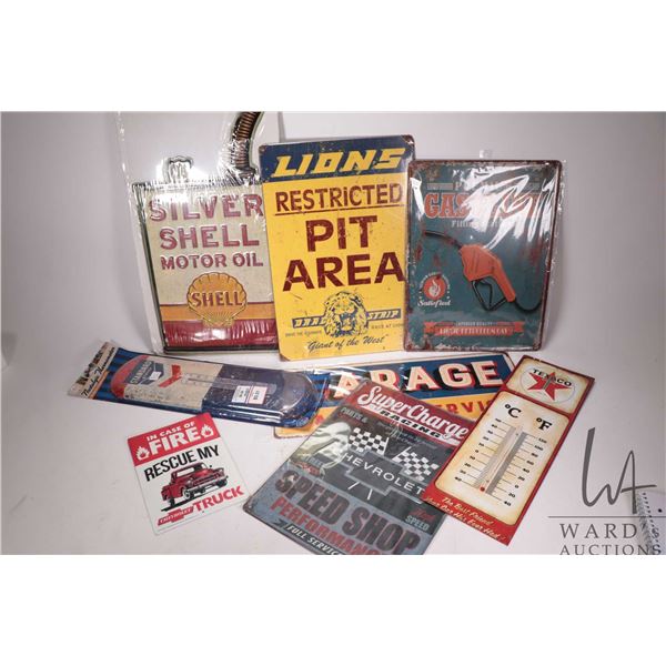 8 assorted reproduction metal wall signs and thermometers, various sizes and themes