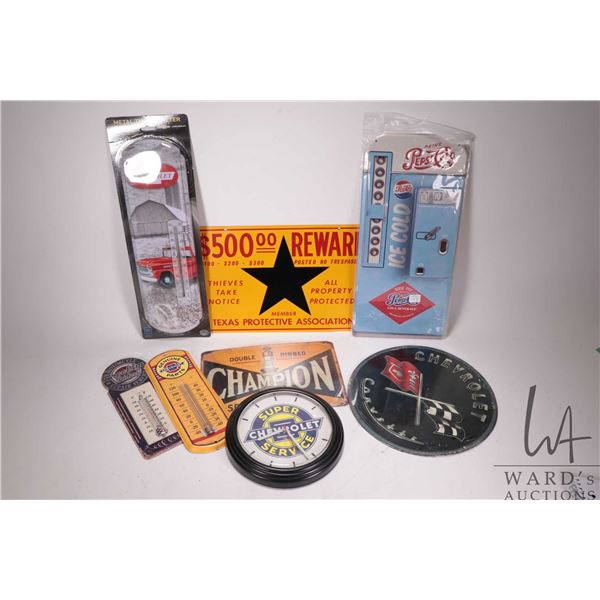 8 assorted reproduction metal wall signs and thermometers, various sizes and themes