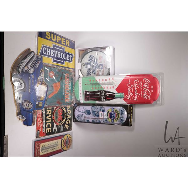 7 assorted reproduction metal wall signs and thermometers, and a reproduction wall clock, various si