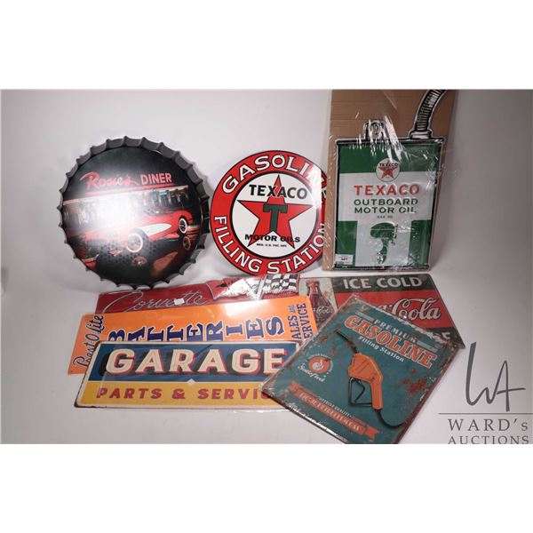 8 assorted reproduction metal wall signs and thermometers, various sizes and themes