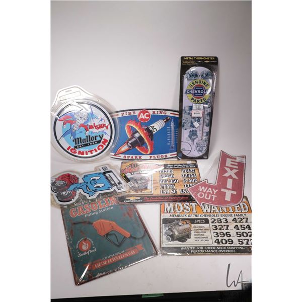 8 assorted reproduction metal wall signs and thermometers, various sizes and themes