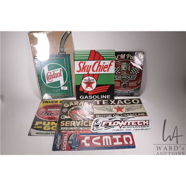 8 assorted reproduction metal wall signs and thermometers, various sizes and themes