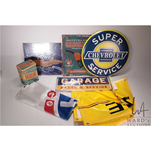 4 assorted reproduction metal wall signs, a reproduction buscuit tin, an NHRA racing flag, and a Pen