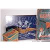 Image 2 : 4 assorted reproduction metal wall signs, a reproduction buscuit tin, an NHRA racing flag, and a Pen