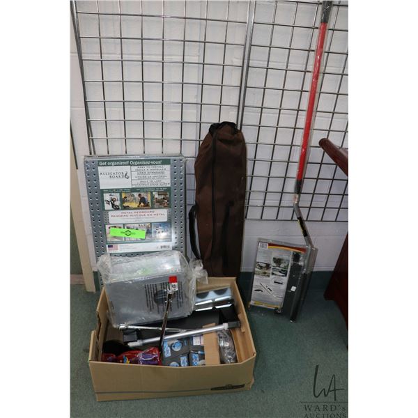 Selection of miscellaneous car related items including 4 vehicle temperature gauges, metal shelving,