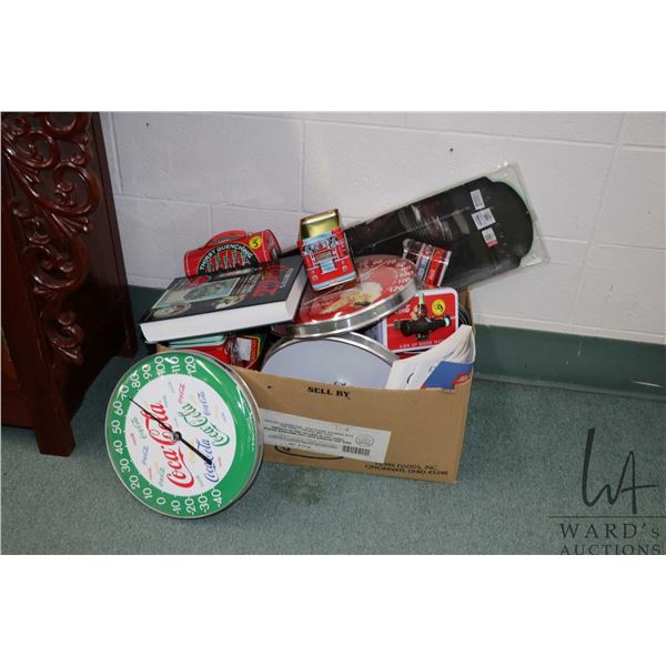Large selection of Coca-Cola branded items including tin boxes, thermometers, lunch boxes, etc, and 
