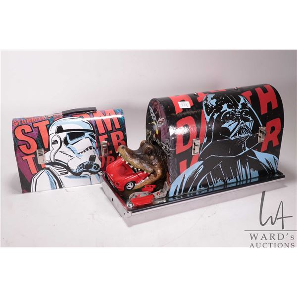 2 Star Wars themed lunch boxes, including one modified with a crocodile eating a Corvette, 16-1/2" l