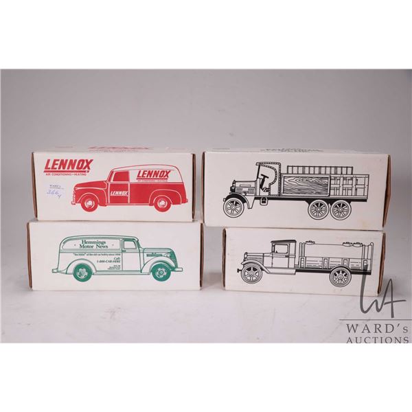 Four Ertl collectible banks including 1950 Chevrolet panel truck, 1925 Kenworth Stake truck, 1931 Ha