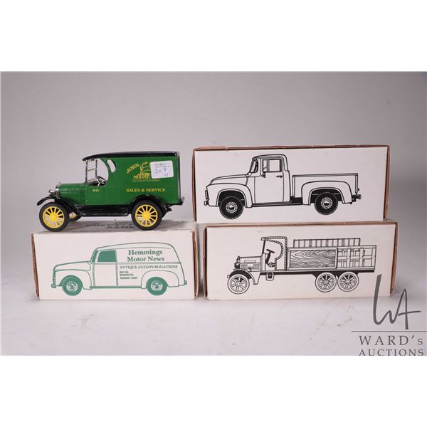 Four Ertl collectible banks including 1923 Chevrolet delivery van, 1925 Kennworth Stake truck, 1956 