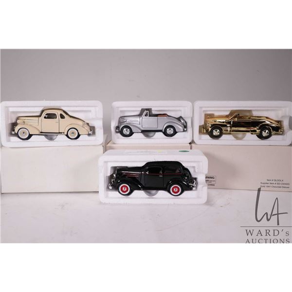 Four 1:43rd scale National Motor Museum Mint die cast cars including 1937 Chevy Cabriole, Gold 1941 