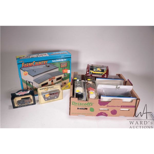 Ertl Farm Country Farm Dealership plus a flat with fourteen 1:43rd scale collectible die cast cars