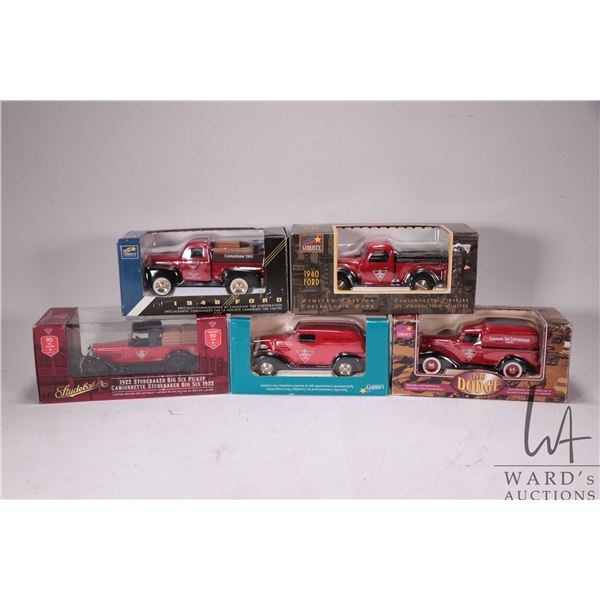 Five Lilberty Classics Candian Tire themed die cast collectible vehicles including no. 2, 3, 4, and 