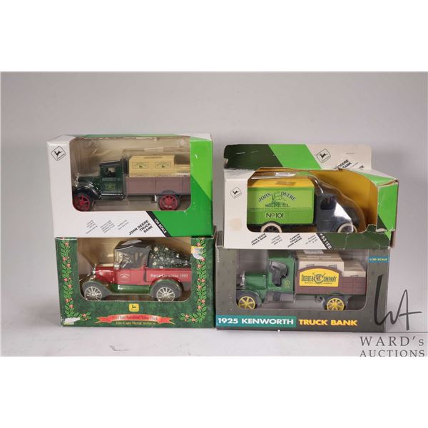 Four Ertl John Deere themed 1:34th scale vehicles
