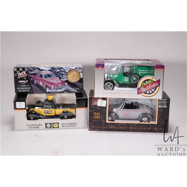 Three die cast banks including LIberty 1940 Ford, Dodge 1936, Ertl 1949 Oldsmobile and a Napa Dodge 