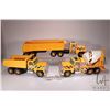 Image 1 : 3 pressed tin Nylint hard hat construction trucks including tractor trailer dump truck, cement mixer