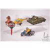 Image 1 : Selection of vintage tin toys, all in need of repair, including Sikorsky helicopter, wind up motorcy