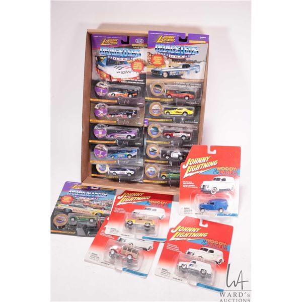 15 collectable Johnny Lightning toy cars including 11 Dragsters USA and 4 Woodies and Panels
