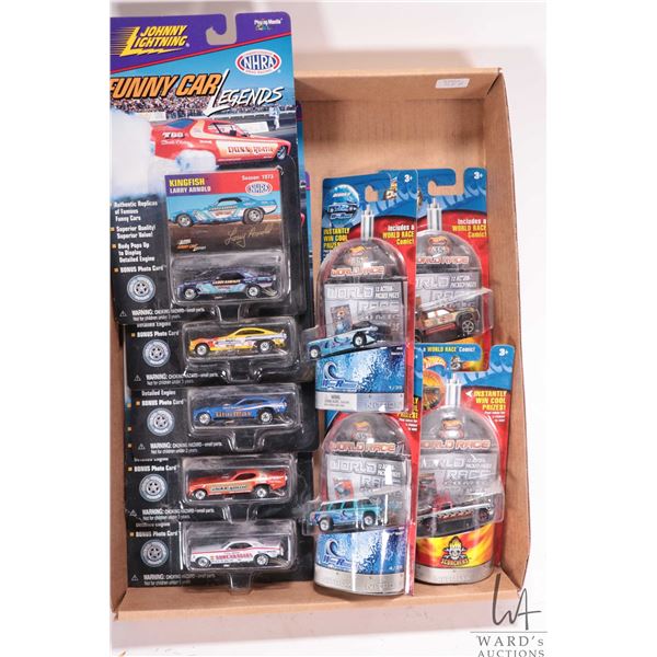 9 collectable die cast toy cars including 5 Johnny Lightning Funny Car Legends and 4 Hot Wheels Worl
