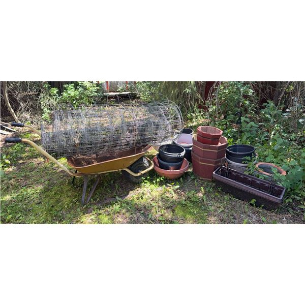 Yellow Wheelbarrow, Garden Wire Fence, and Assorted Planters