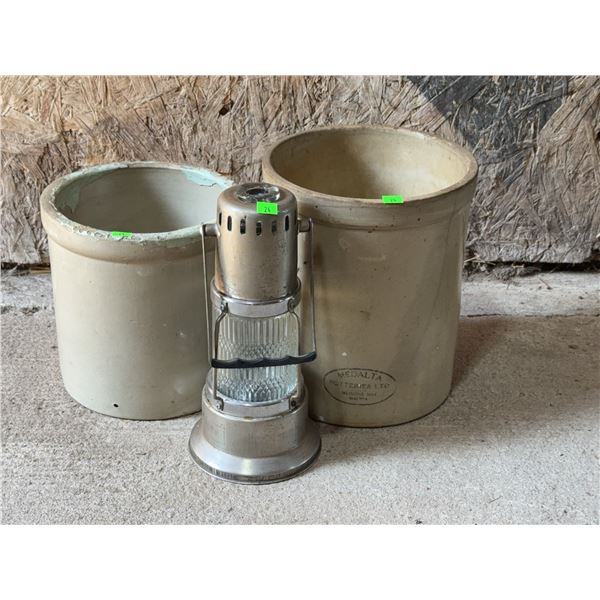 Medalta Stoneware Crocks and Glass Kerosene Lantern