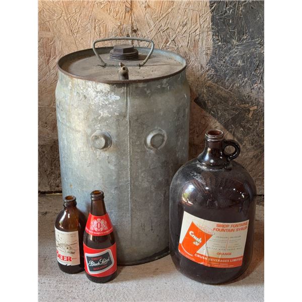 Galvanized Steel Canister with Glass Bottles Including Orange Syrup Jug