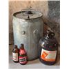 Image 1 : Galvanized Steel Canister with Glass Bottles Including Orange Syrup Jug